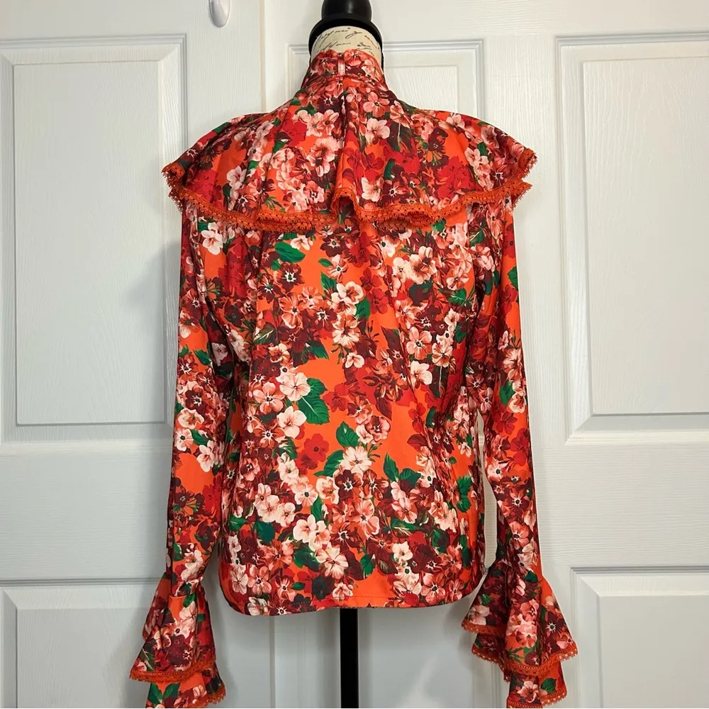 New York & Company Long Sleeve Floral Ruffle Bell Sleeve Blouse Orange - Image 2
