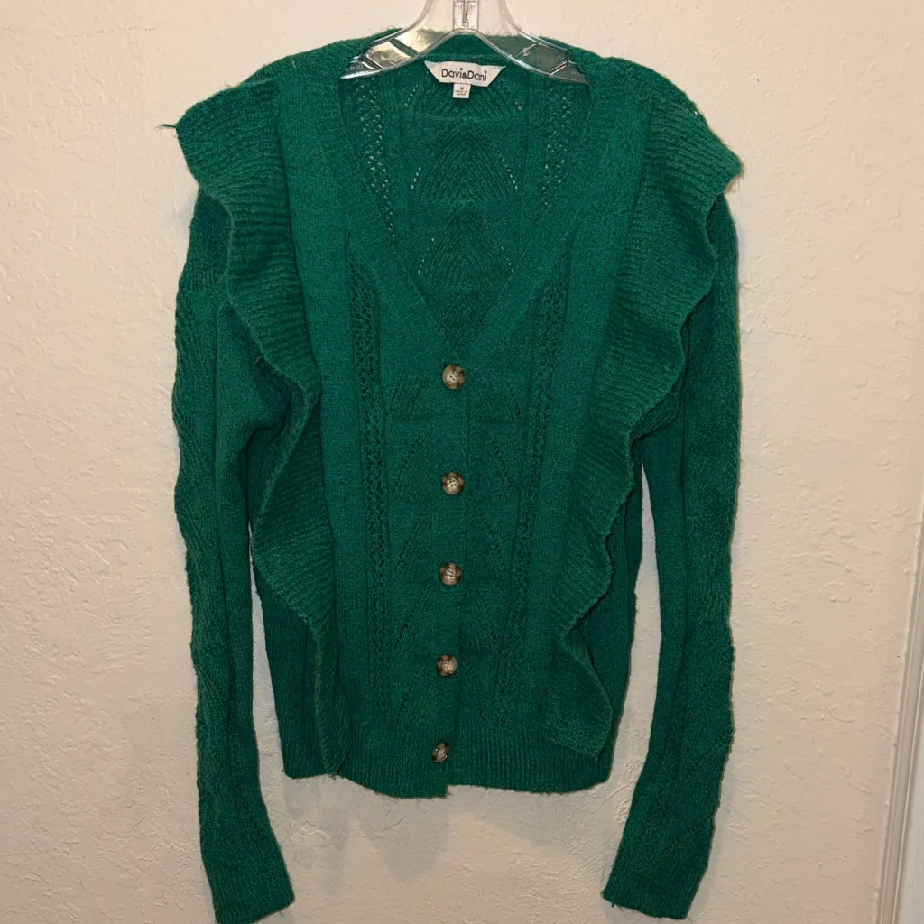 Davi & Dani green ruffle cardigan sweater - Image 2