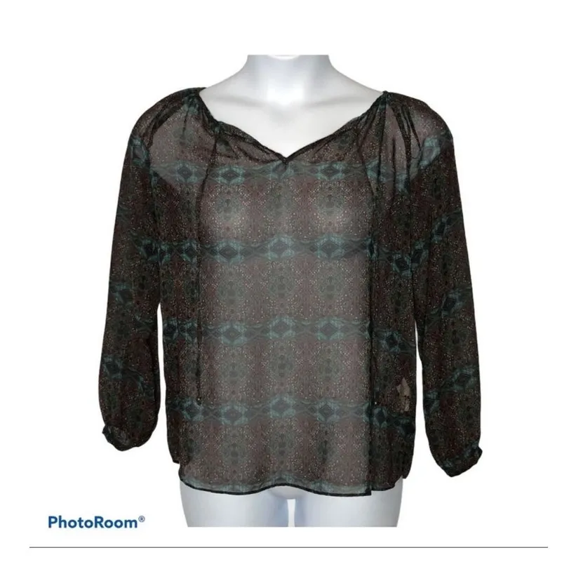 Zara Basic Boho Sheer Blouse Self-Tie Neck Multicolor Long Sleeve Small - Image 2