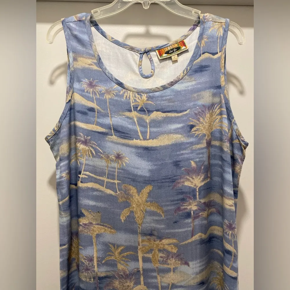VTG Caribbean Joe Let Go Blue Hawaiian Palm Tree Print Sleeveless Maxi Dress - L - Image 3