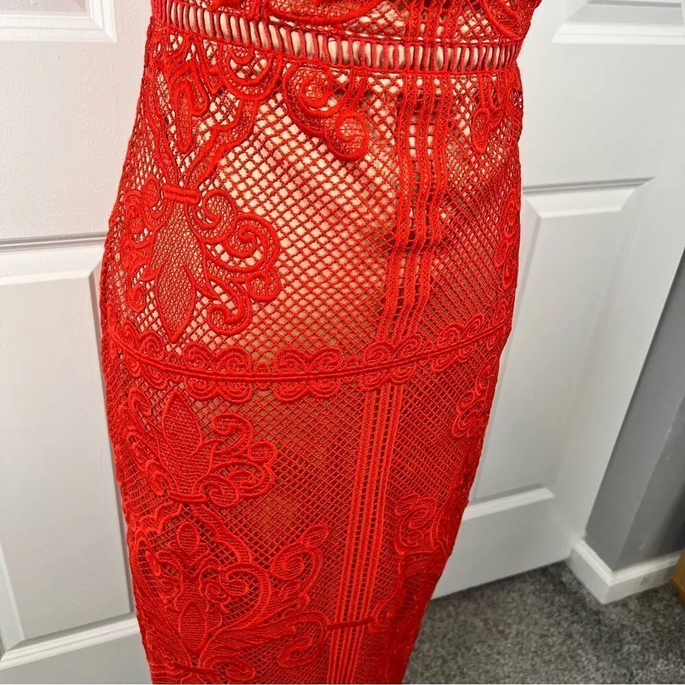 Sz S Stylestalker Stella Midi Off the Shoulder Red Lace Dress $241 MSRP - Image 9