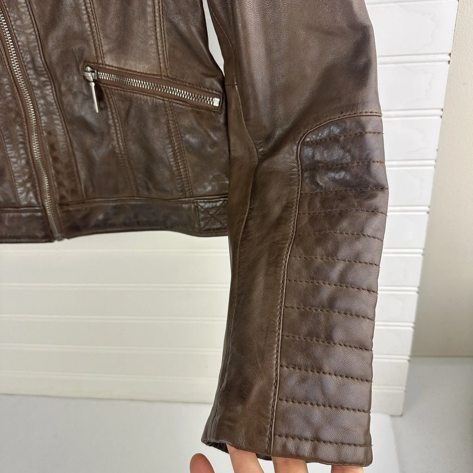 Brown Leather Moto Racing Biker Jacket Womens Small Full Zip Quilted Butter Soft - Image 5