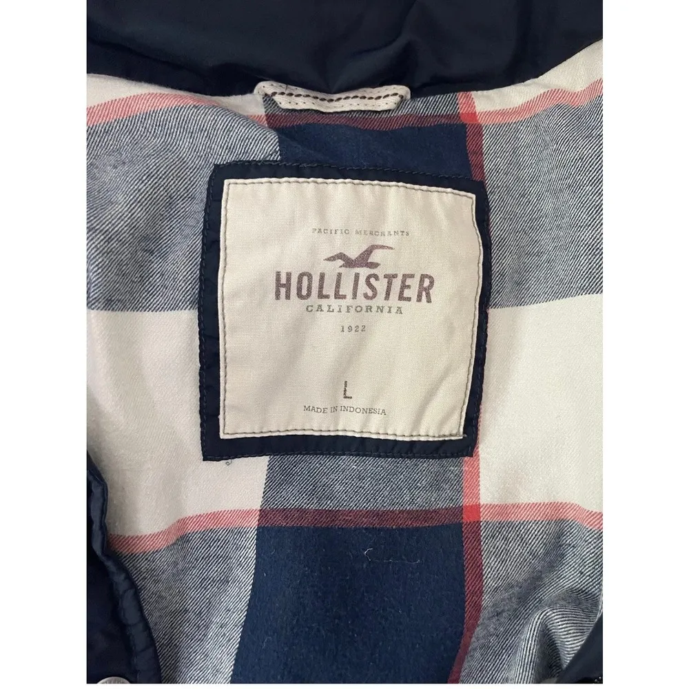 Hollister Women Navy Blue Winter Puffer Coat Jacket Plaid Lining SZ Large - EUC - Image 12