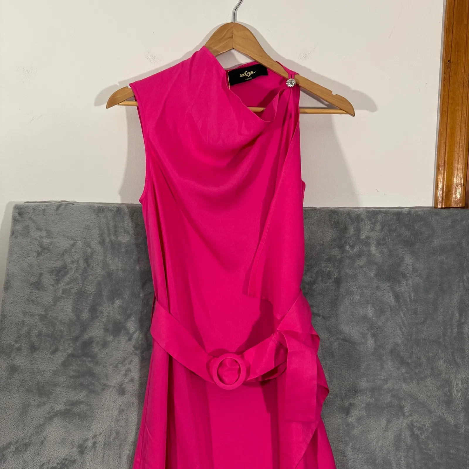 BGL Hot Pink Fuchsia Draped Neckline Belted Midi Dress Size XS - Image 2