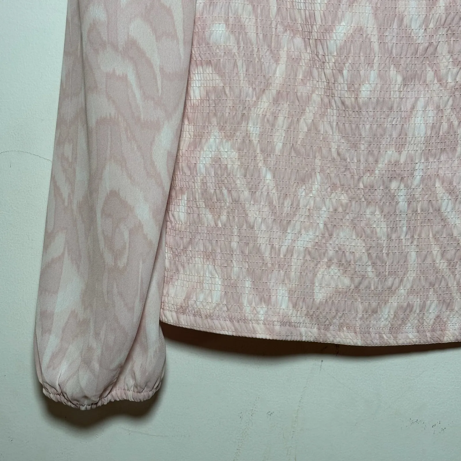 Halogen Pink White Print Smocked Square Neck Long Sleeve Top Size Large - Image 9