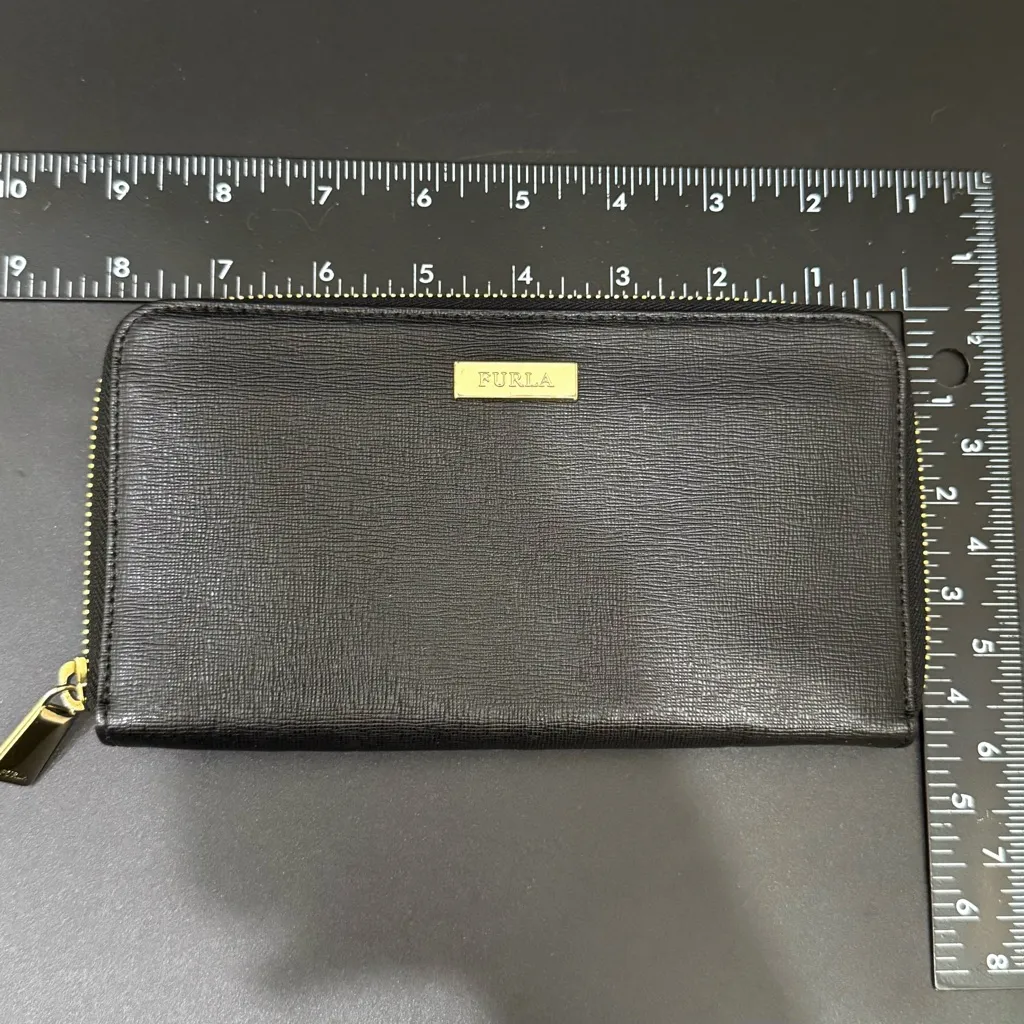 FURLA Black Saffiano Textured Leather Zip Around Gold-tone Zip Pull Wallet 8”X4” - Image 7