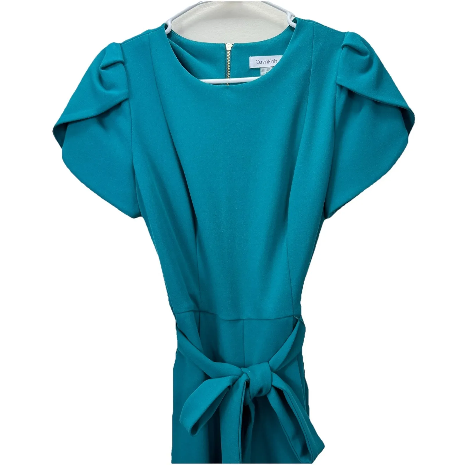Calvin Klein Teal Tulip Sleeve Belted Stretch Crepe Cropped Leg Jumpsuit Size 8 - Image 4