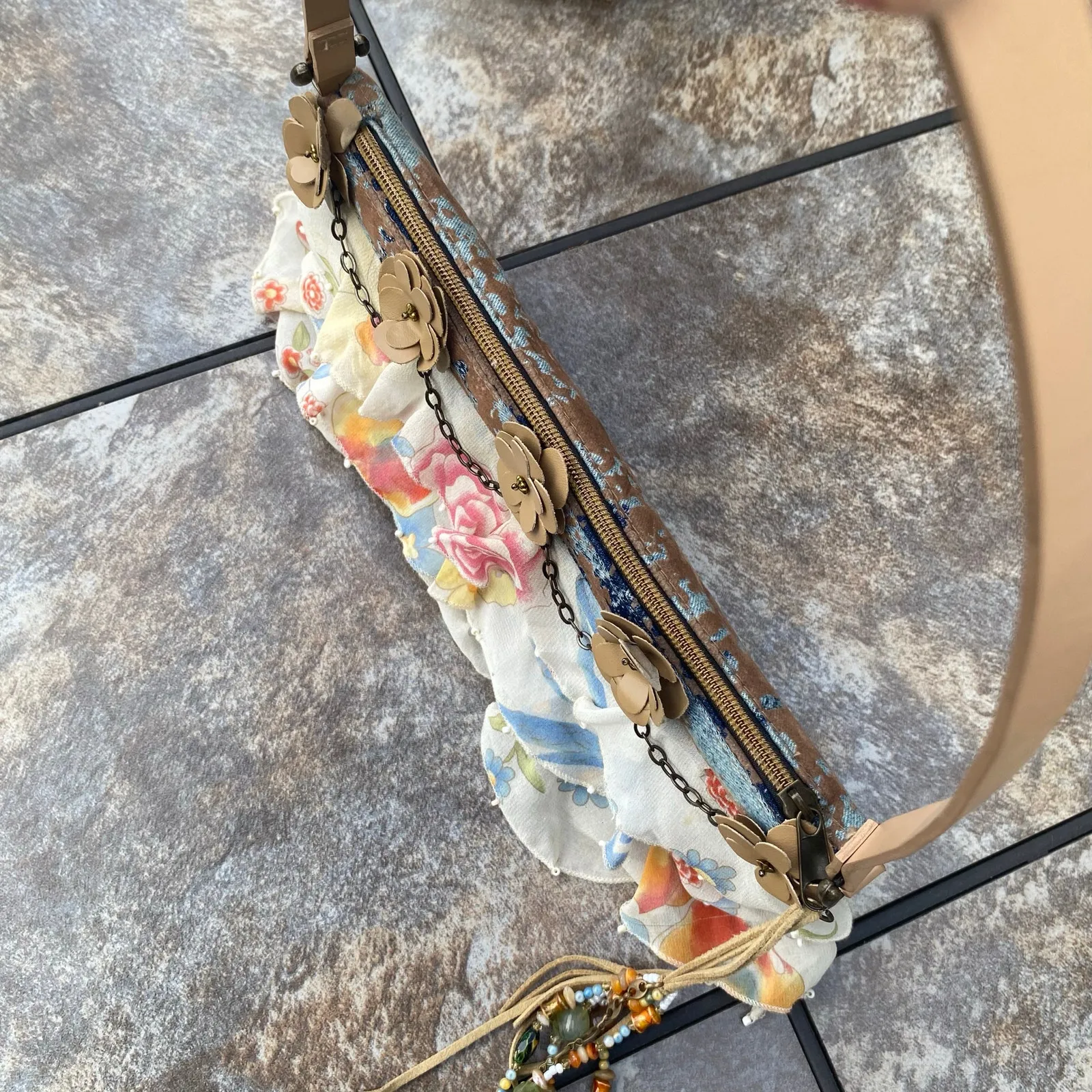 MARY FRANCES Floral Appliqué Beaded & Embellished Shoulder Handbag Purse Blue - Image 7