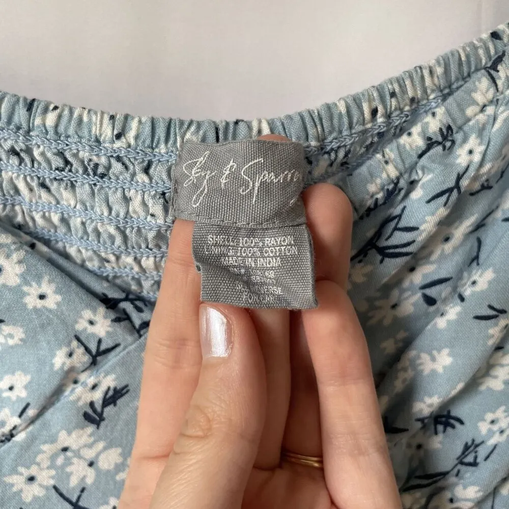 Sky and Sparrow rayon blue and white floral dress drawstring cottagecore ruched - Image 3