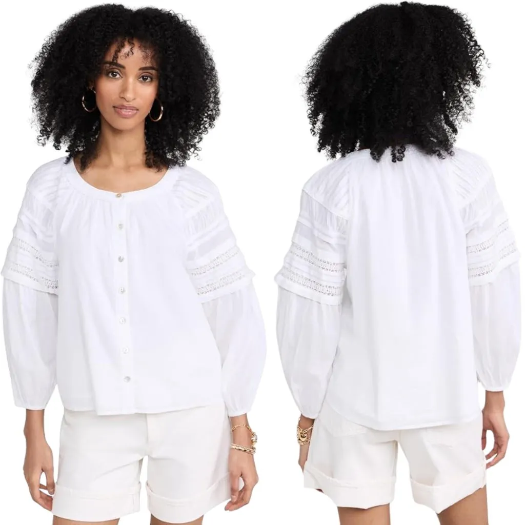 Faherty Enna Button Up Blouse Top Womens XXS White Boho Flowy Organic Cotton NWT - Image 3