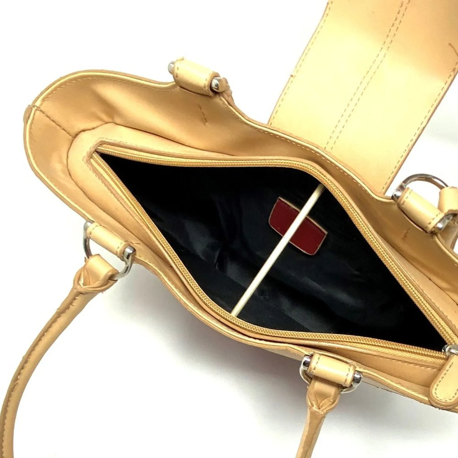 Deep RED Small Shoulder Bag Purse ~ Buckle Top Handle Beige Trim ~ Footed Bottom - Image 6