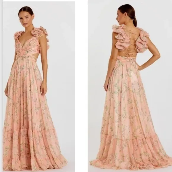 MAC DUGGAL 67803 RUFFLE TIERED FLORAL CUT-OUT CHIFFON GOWN SIZE 4 - Image 2