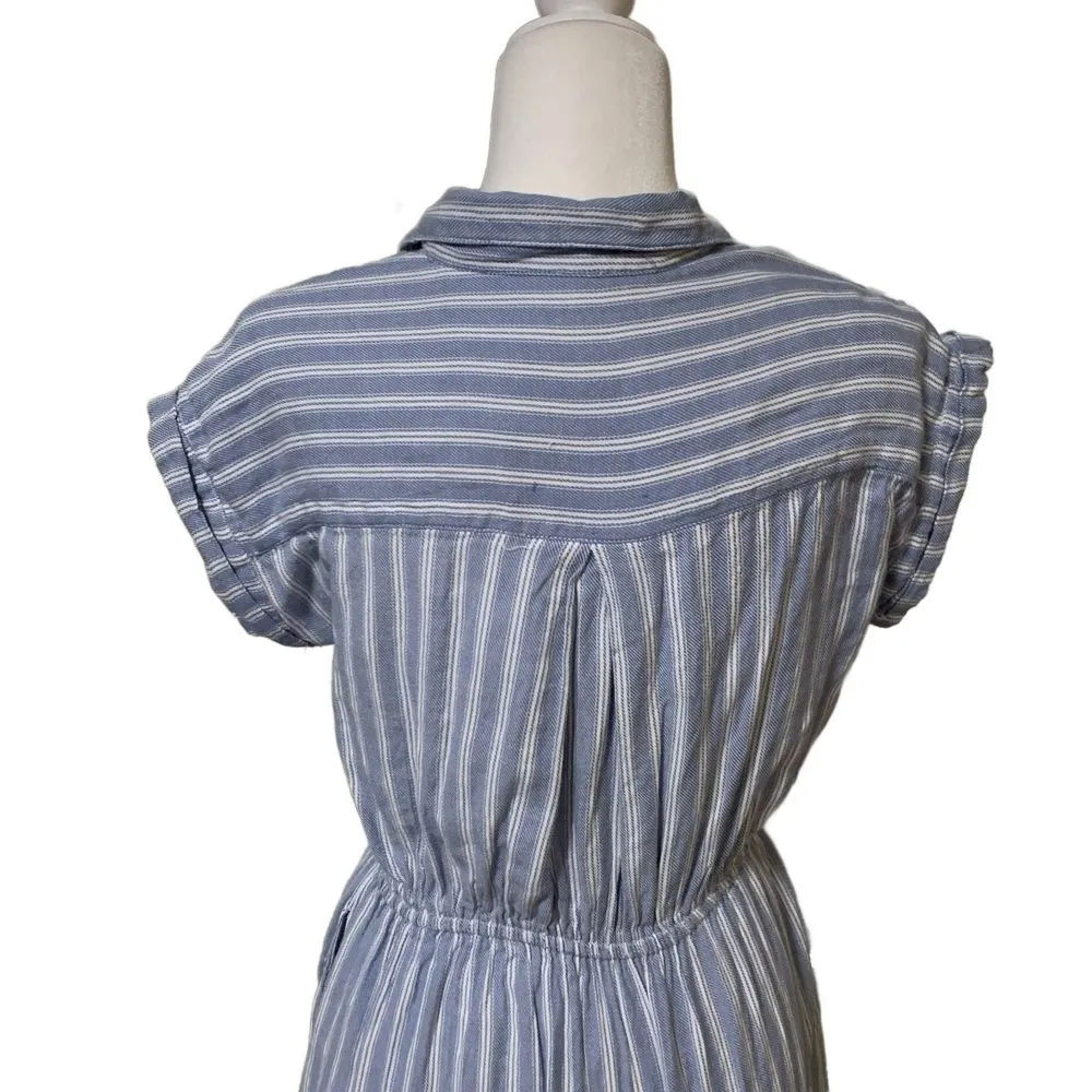 Japna | 100% Cotton Beach Dress Blue Stripe with Pockets Tie Waist Size Small - Image 5