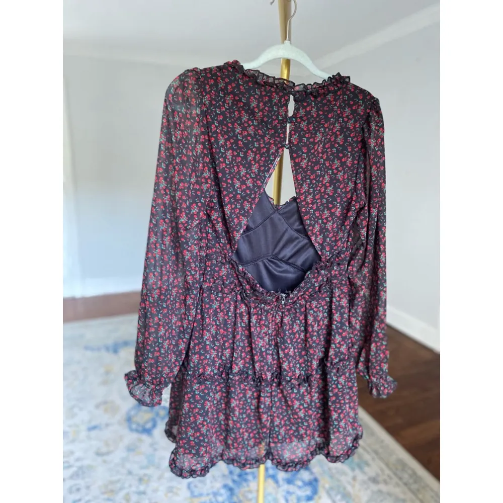 Altar’d State Ditsy Floral Ruffle Mini Dress Black Red Open Back Romantic Garden - Image 3