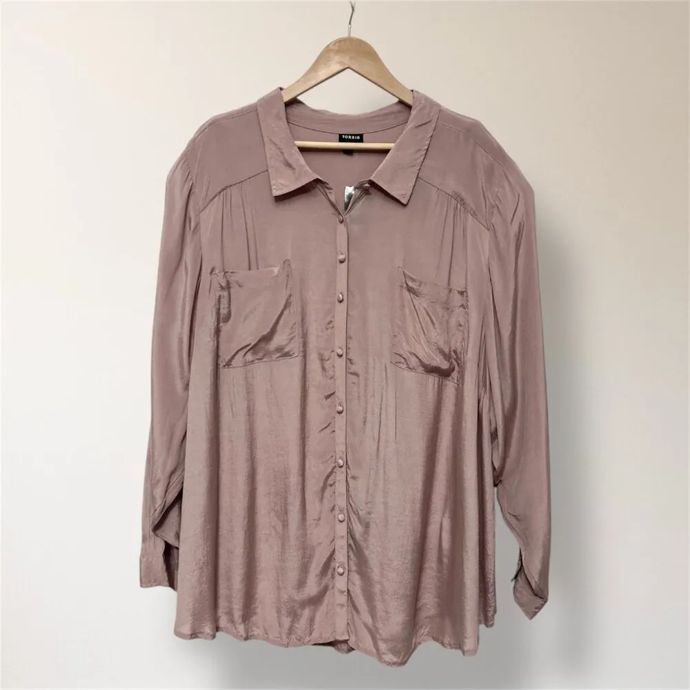 New Torrid 5X Madison Pink Satin Button Up Blouse Double Pockets Dressy Event - Image 2