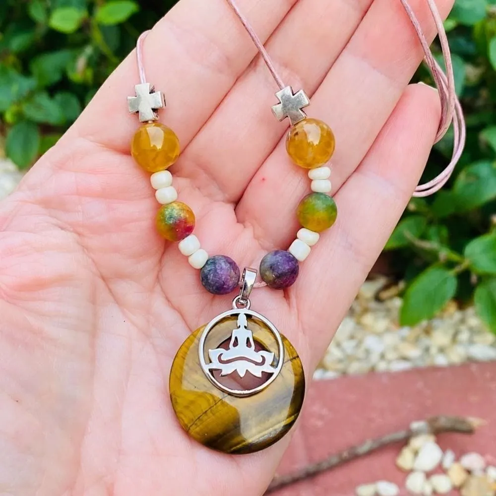 Tigers Eye Yoga Gemstone Leather Adjustable Necklace - Image 3