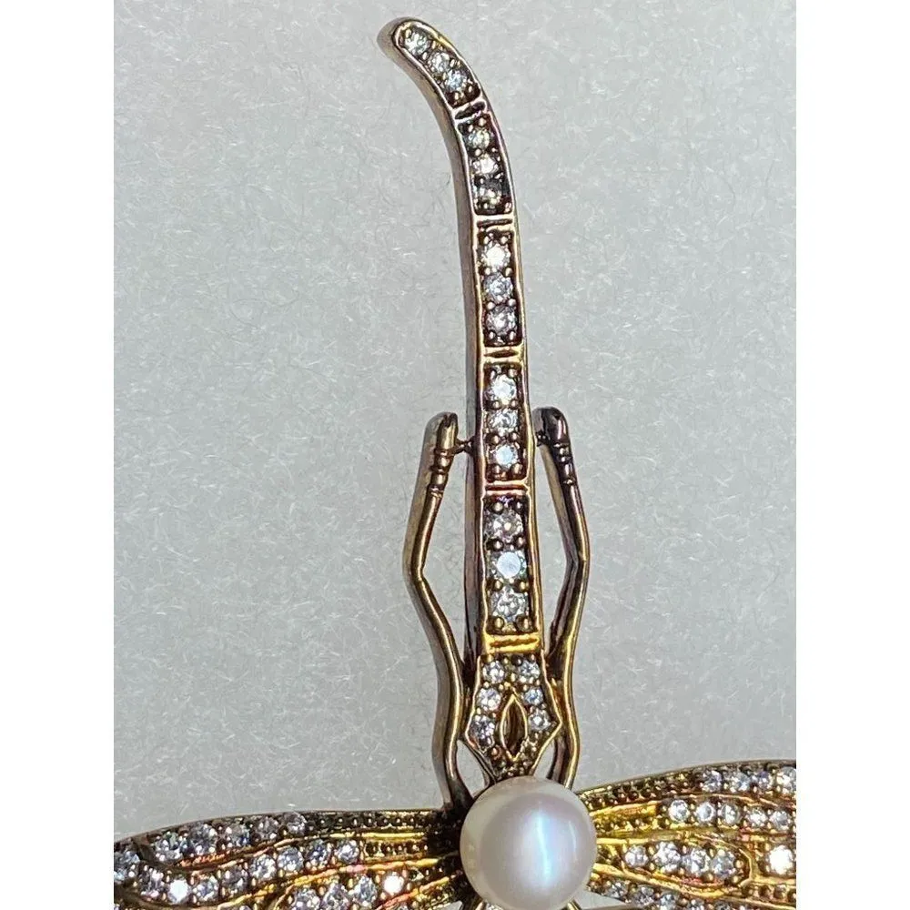 Vintage Copper Bronze Dragonfly Brooch Pearl Rhinestones‎ Green Enamel Eyes - Image 7