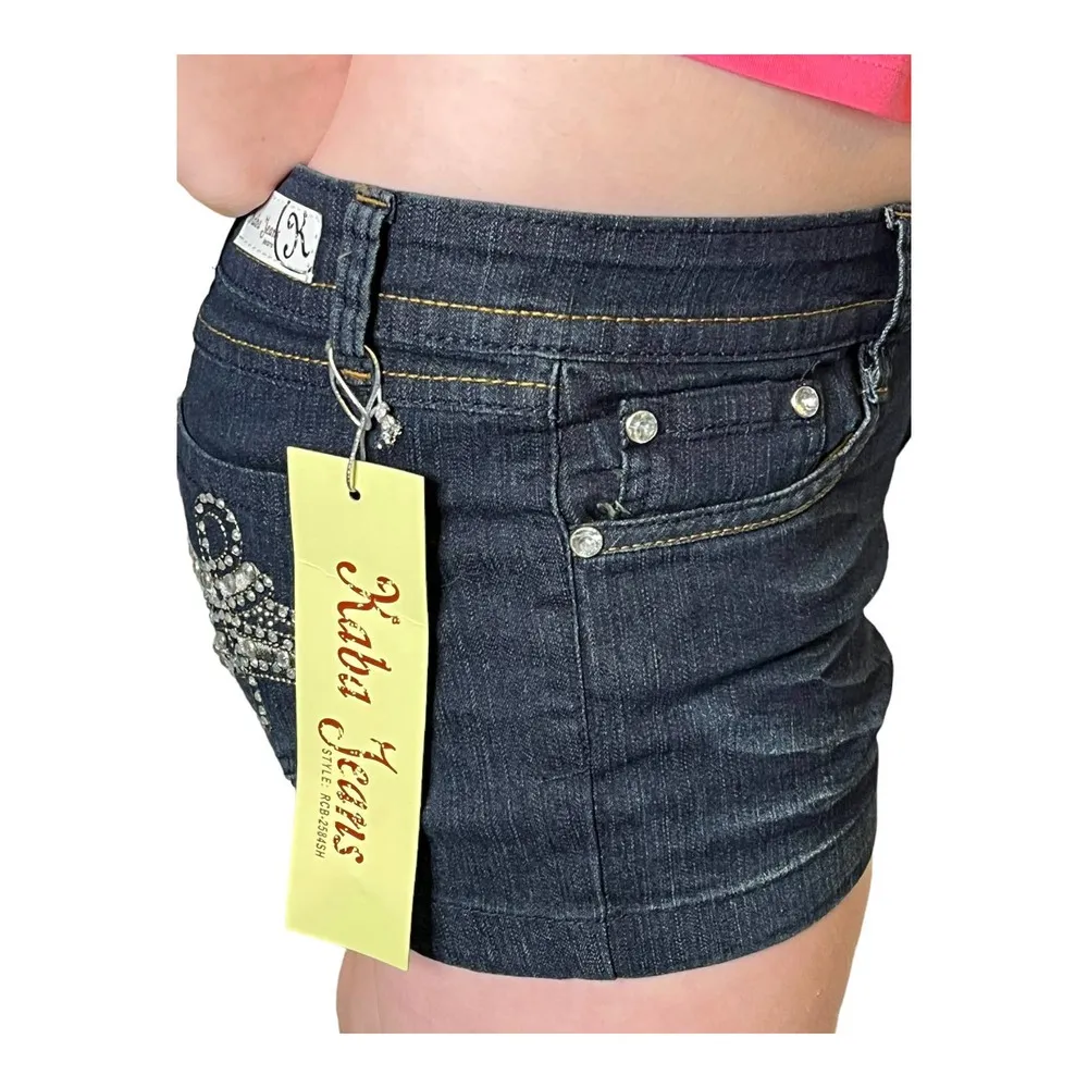NEW Kaba JEAN SHORTS SZ 7 Dark Blue Denim Stone Stud Bedazzled Double Lasso NWT - Image 9