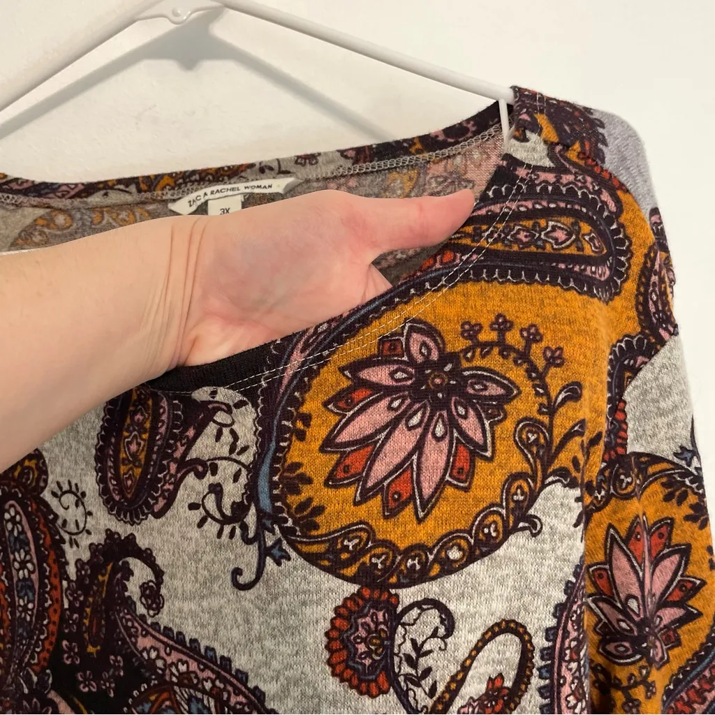 NEW NWT ZAC RACHEL Plus Size Gray Black Purple Paisley 3/4 Sleeve Boho Tunic Top - Image 6