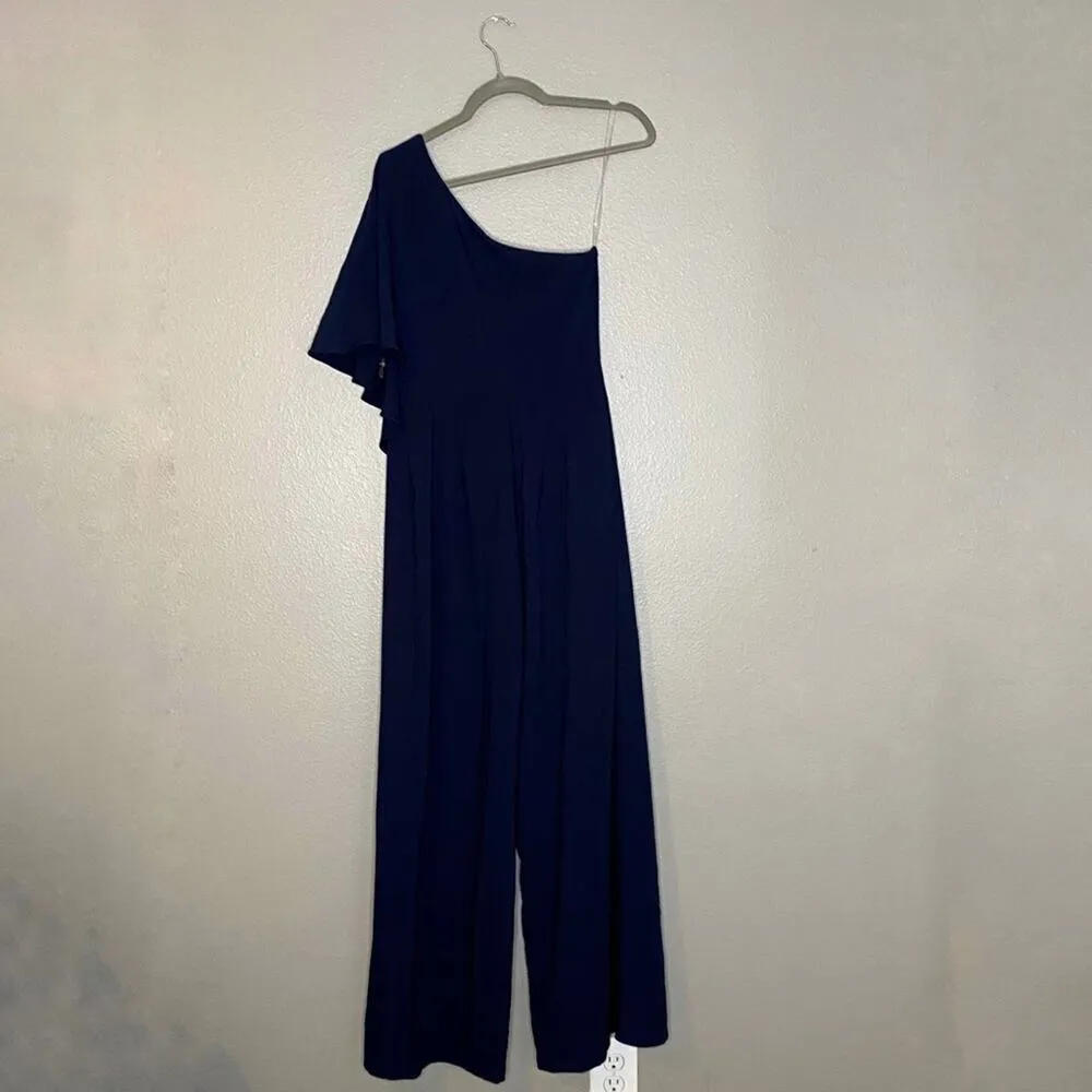 Marina Navy One Shoulder Flow Jumpsuit Sz 4 Blue - Image 9