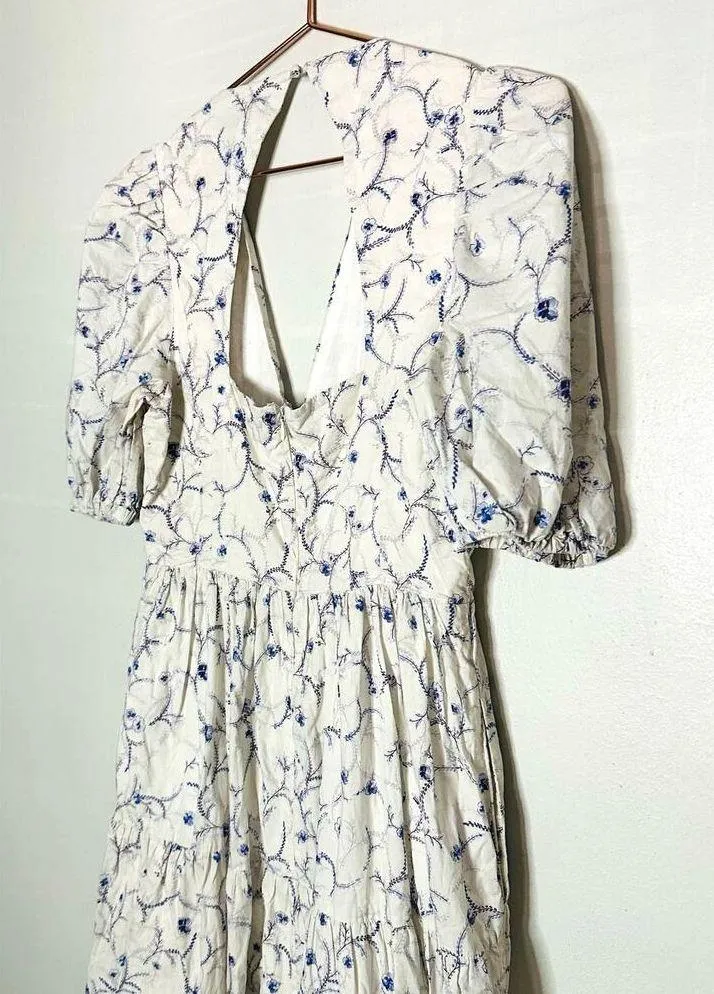 Nicholas Celie White Blue Floral Button Front Print Puff Sleeve Maxi Dress Sz 6 - Image 10