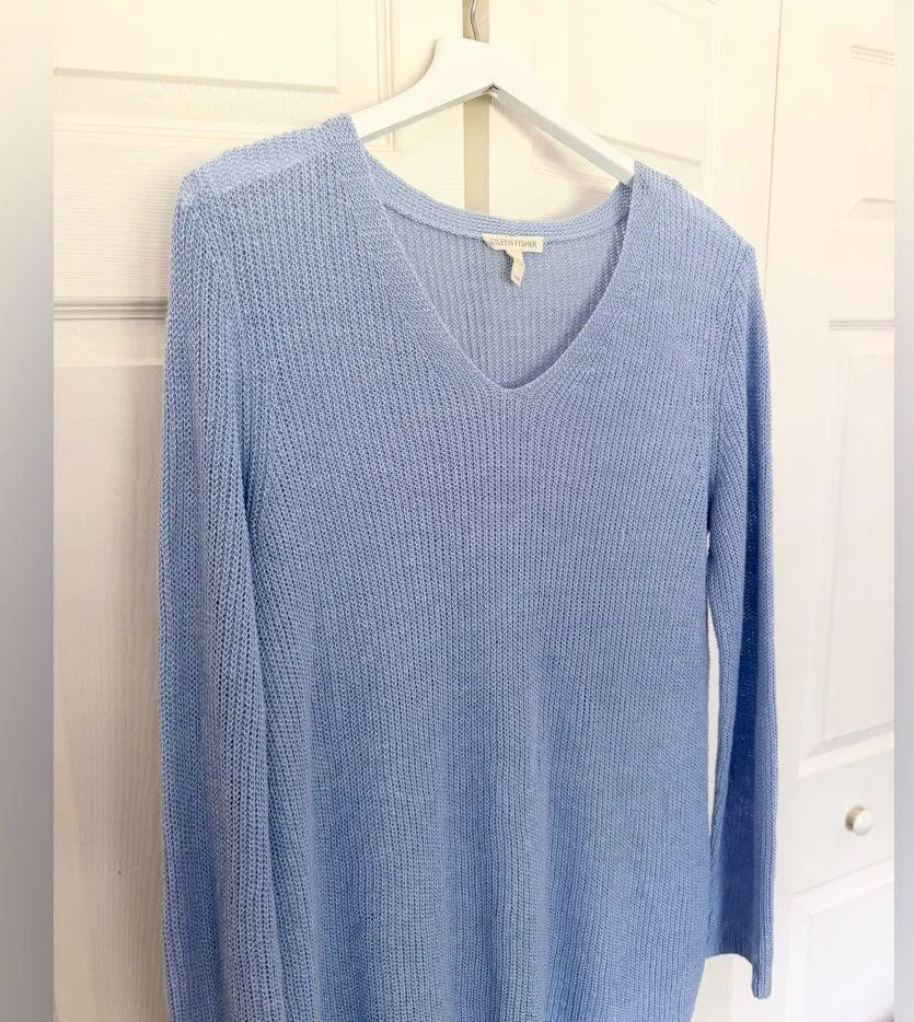 Eileen Fisher Cornflower Blue Organic Linen V-Neck Open Knit Sweater Size Medium - Image 3