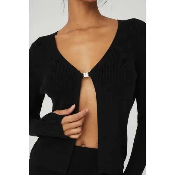 Alo Yoga Knit Salana Cardigan Silver Clasp Black Fine Ribbed Knit Large - Image 14