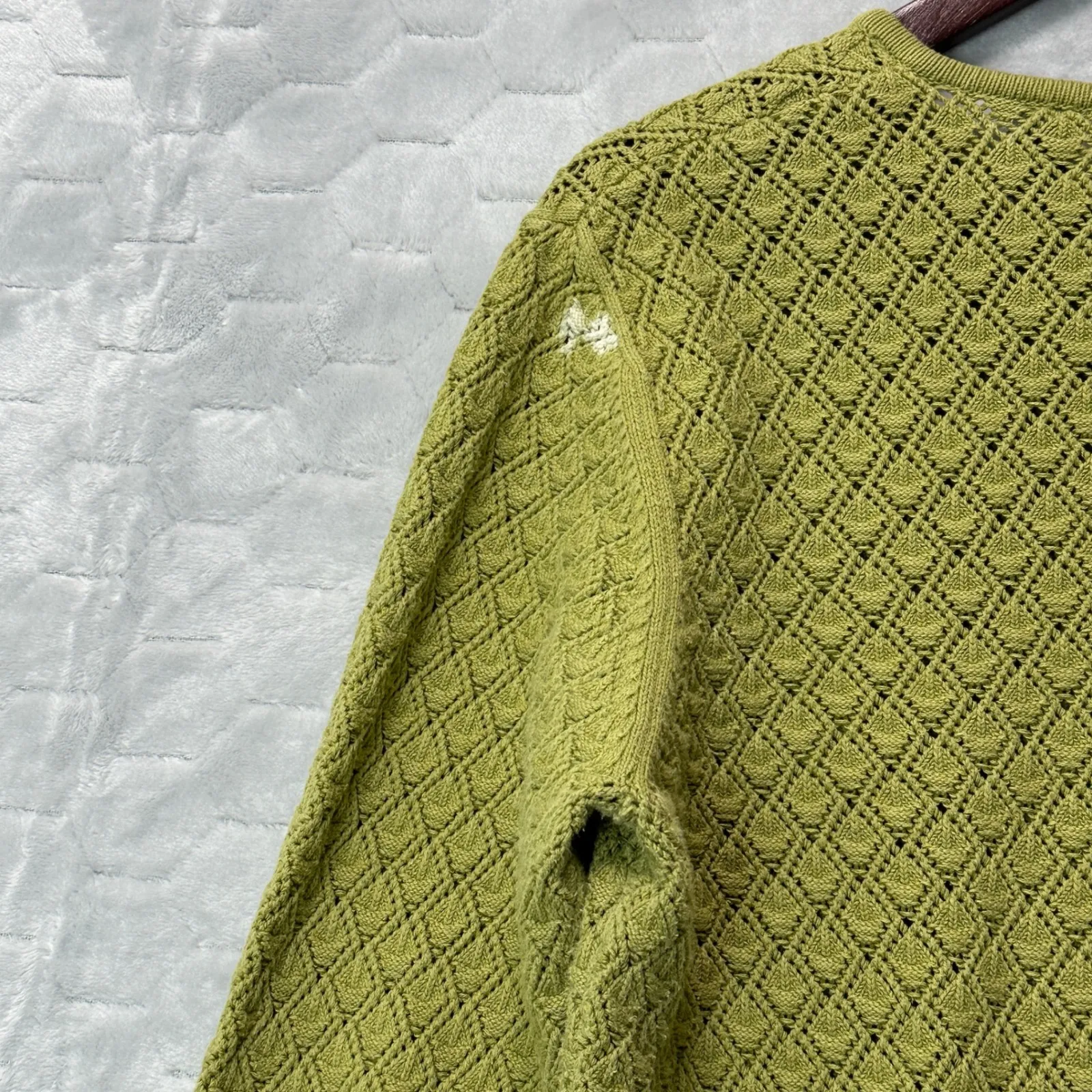 Kate Hill Casual Green Textured Knit Sweater L Boho Grannycore Retro V-Neck - Image 7