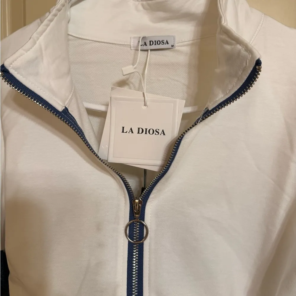 Two Piece Denim Detailing Cropped Zipper Jacket and Matching Drawstring Joggers White Size M - Image 2