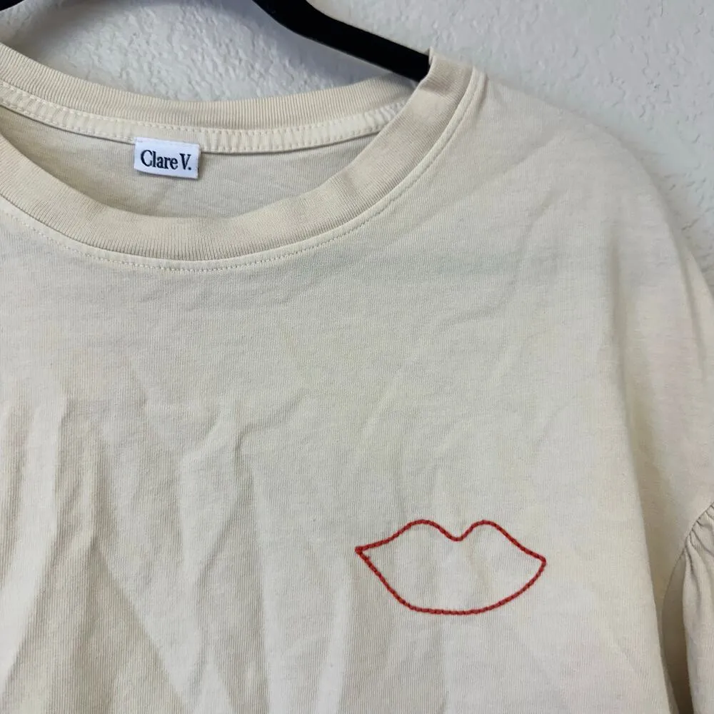 Clare V Drop Shoulder Puff Sleeve Tee in Cream Poppy Size L - Image 4