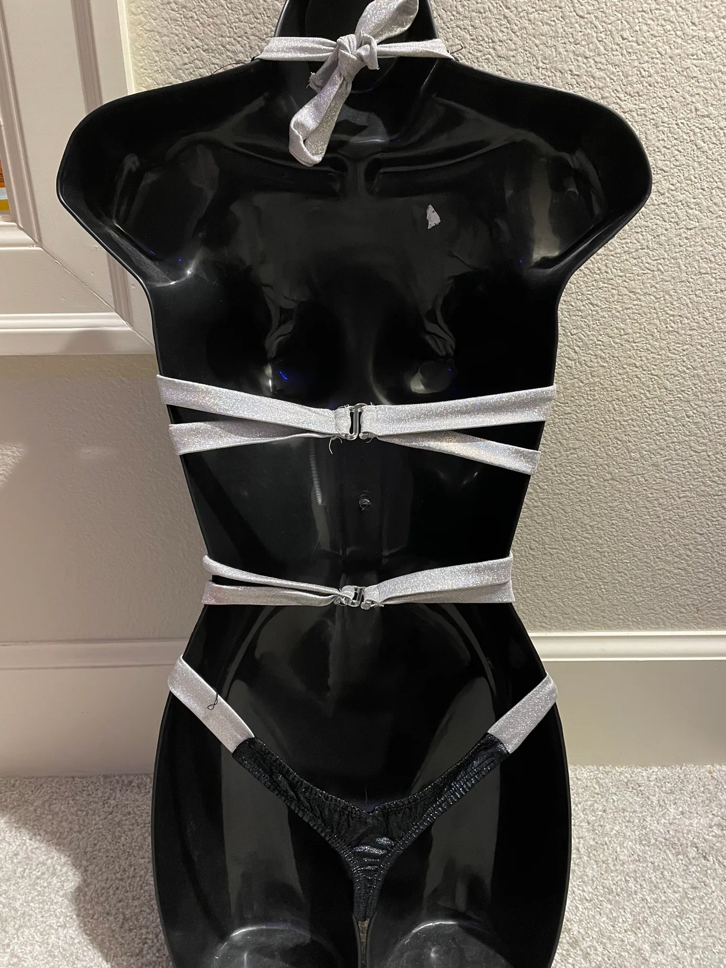 Metallic Black & Silver Cut Out Halter BodySuit Size XS - Image 4
