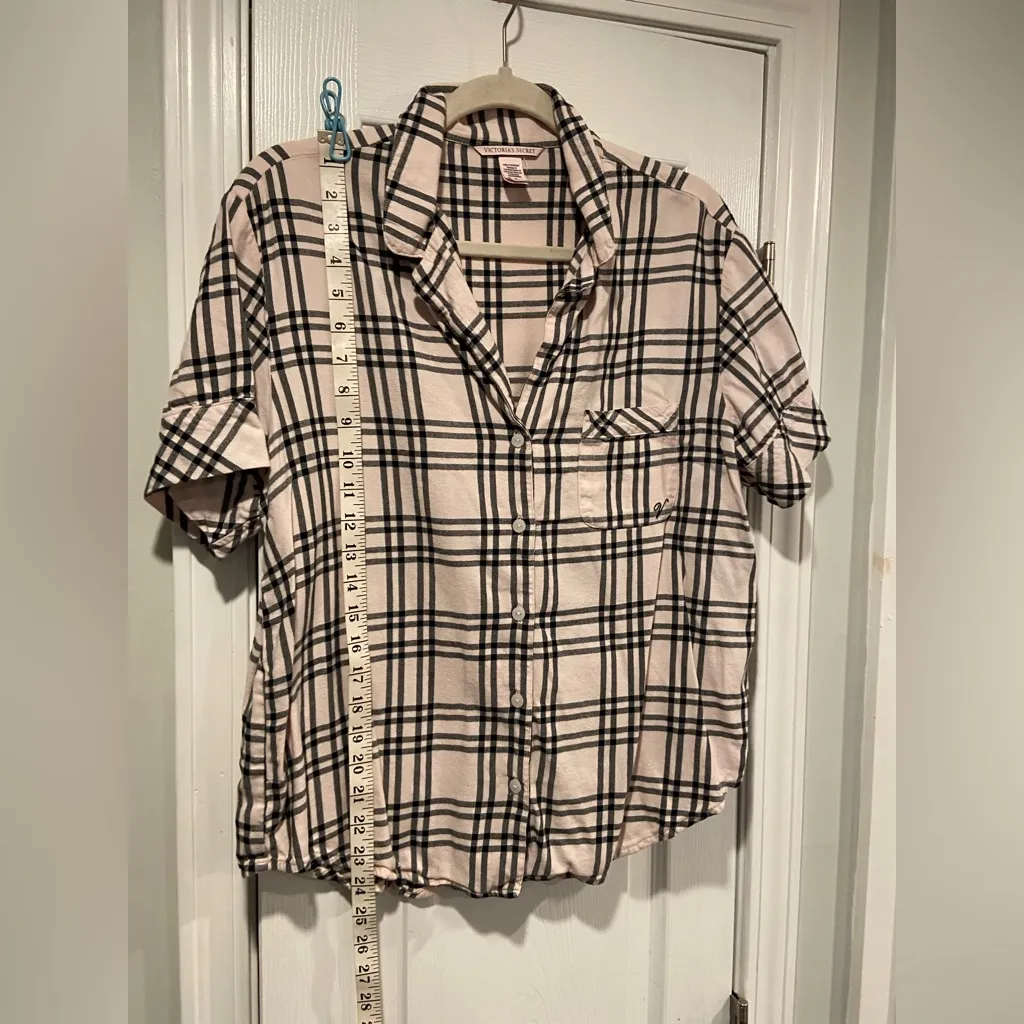Victoria Secret Size M Pink Black Plaid Flannel Short Sleeve Button Pajama Top - Image 8