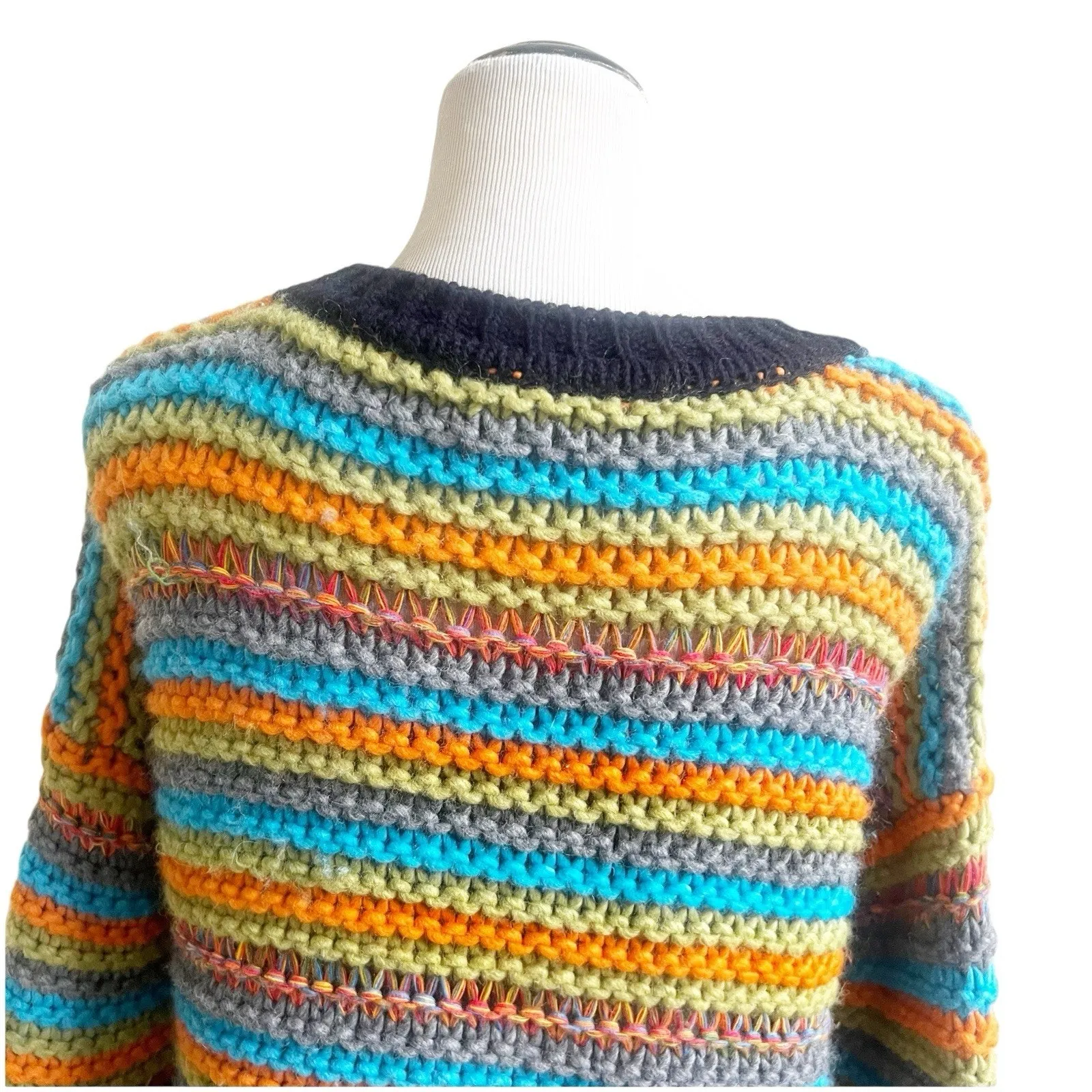 Sundance Crochet Chunky Knit Sweater Size Medium Crew Neck Colorful Cabin Core - Image 8
