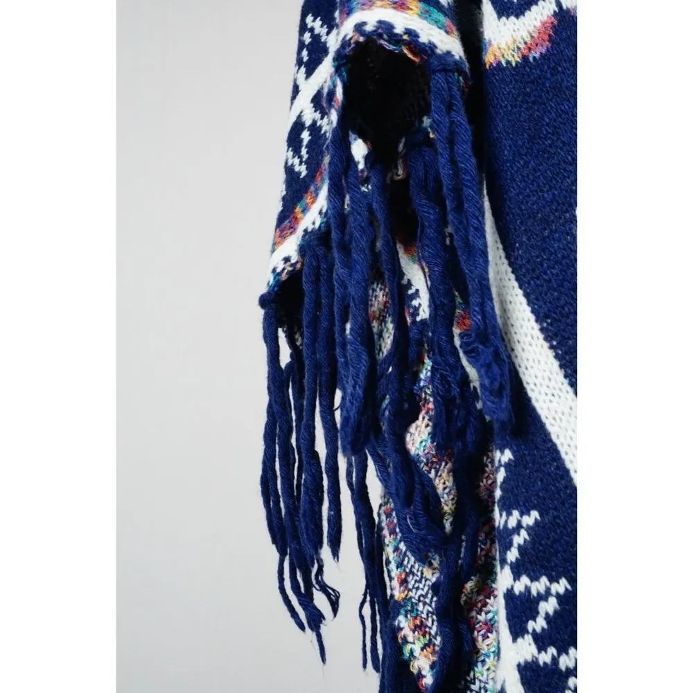 HIPSTER ROW Blue Long Sweater Tribal Aztec Poncho ONE SIZE Size undefined - Image 6
