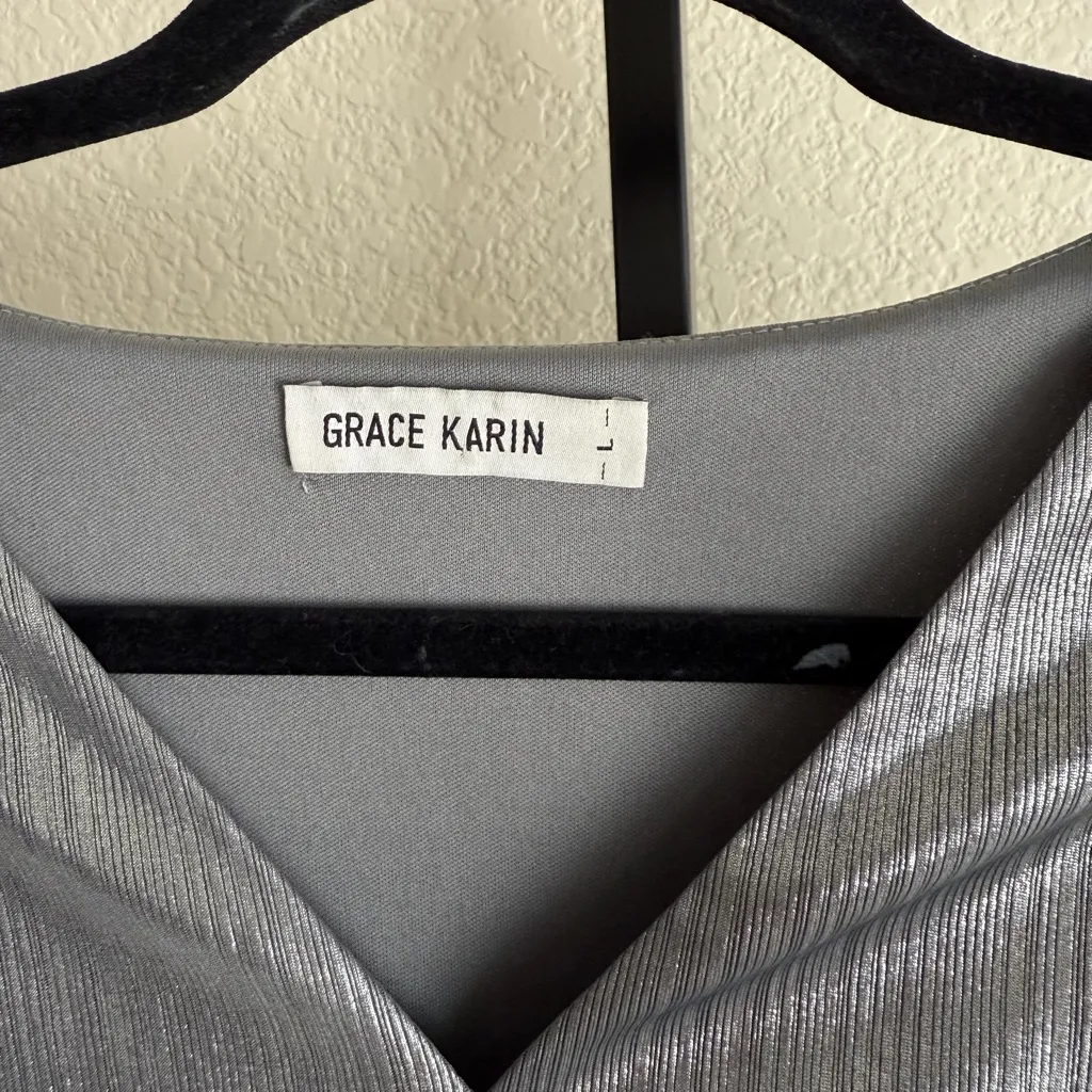 Glam Metallic Peplum Long Sleeve V Neck Silver Top Large Party Chic Party Flare - Image 9