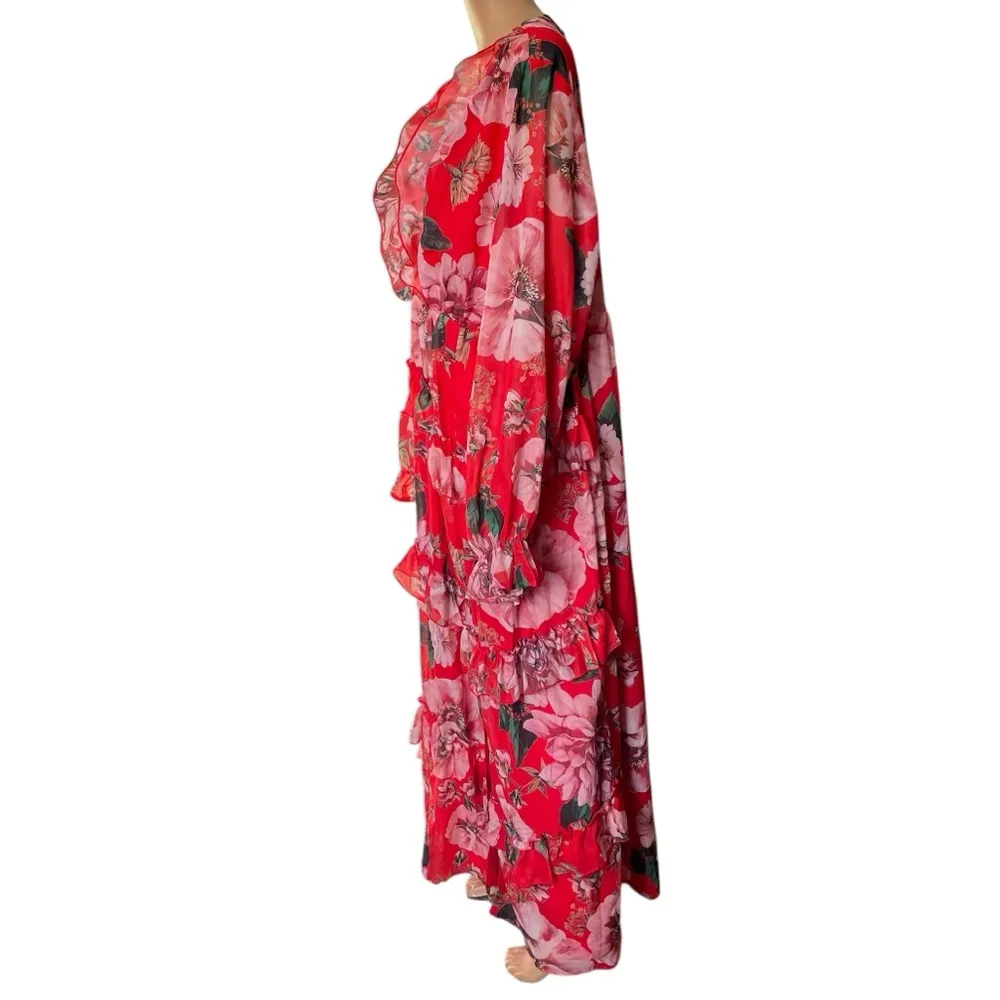 NWOT Boohoo Plus Size Red Floral Chiffon Ruffle Long Sleeve Party Maxi Dress - Image 4