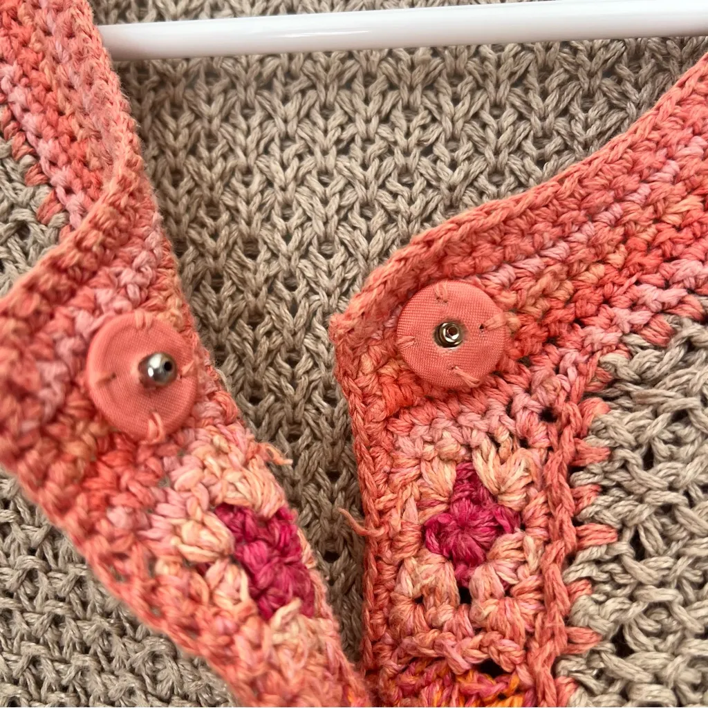 J Jill Linen Open Knit Crochet Cardigan Beige Granny Square Size Medium Petite Tan - Image 5