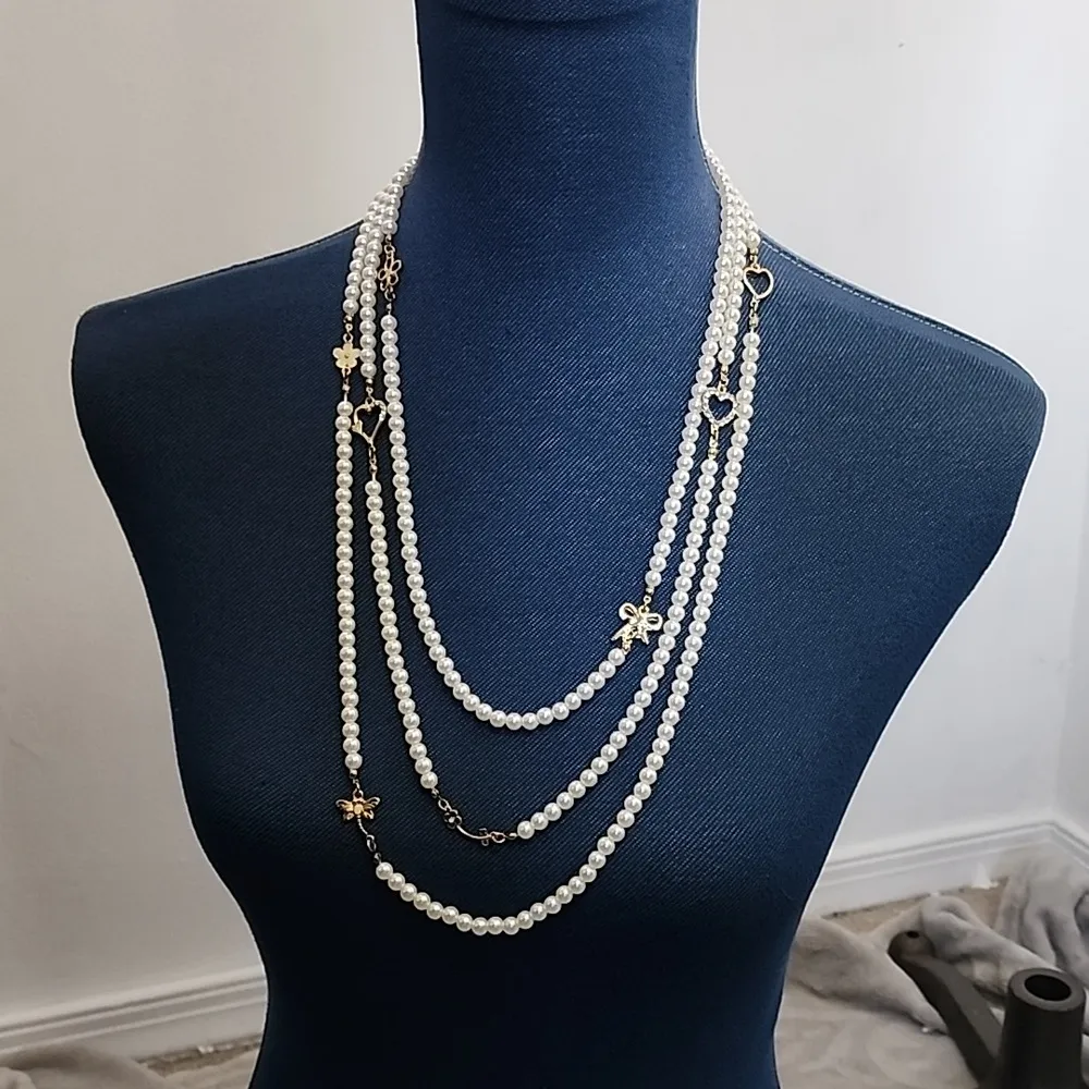 3 Strand Faux Pearl and Charms Necklace Gold - Image 6