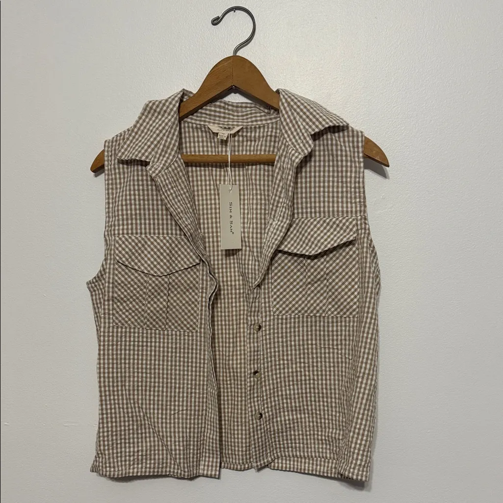 Sim & Sam Bingham tan/white sleeveless shirt vest - Image 3