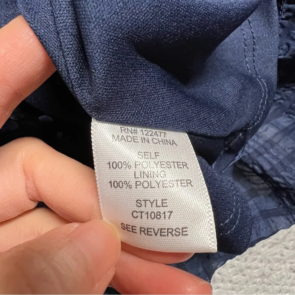 Navy Blue Textured Ruffle Semi Sheer Long Sleeve Blouse Size Medium EUC - Image 4