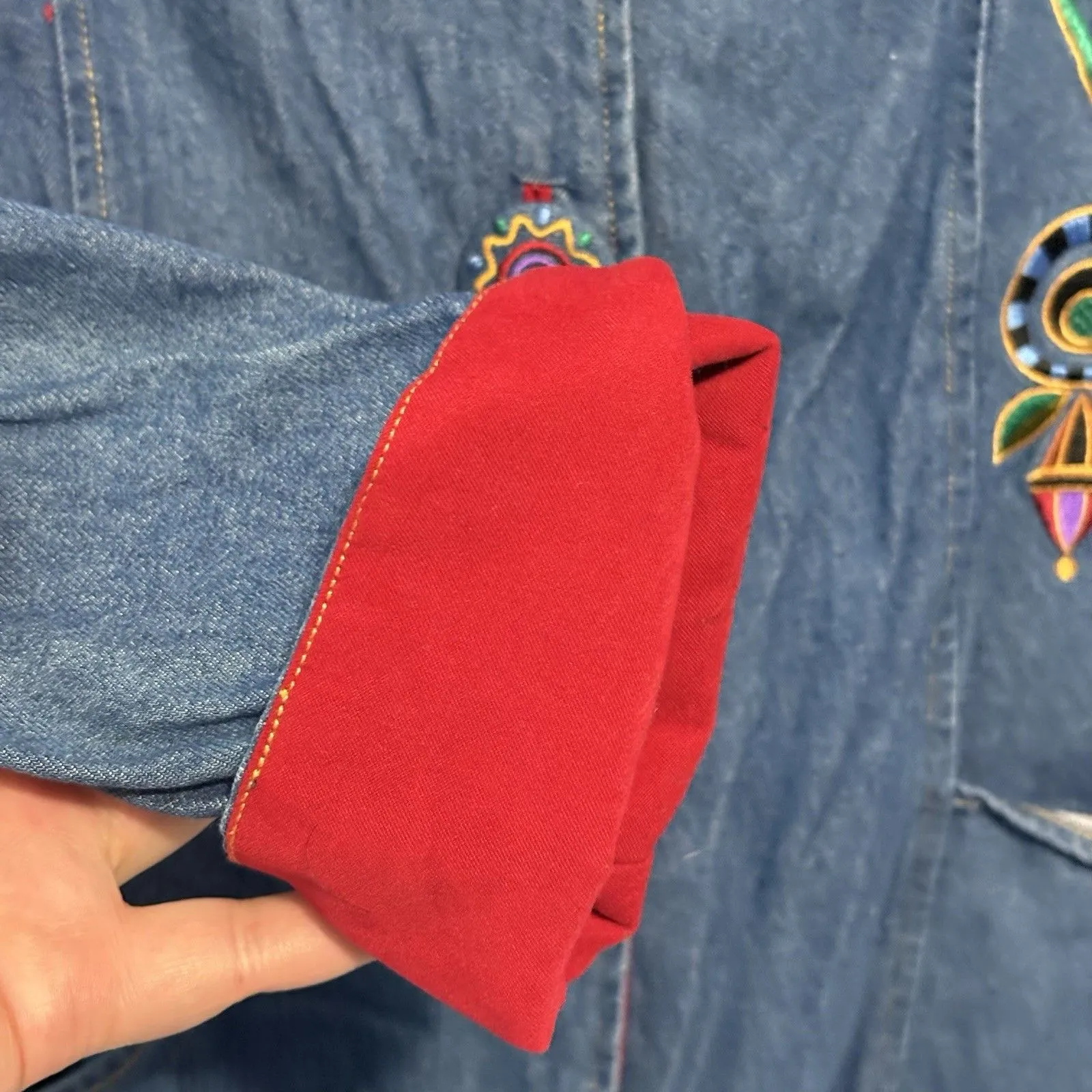 Bob Mackie Wearable Art Denim Jacket Colorful Embroidery Large Artsy Funky 90s - Image 4