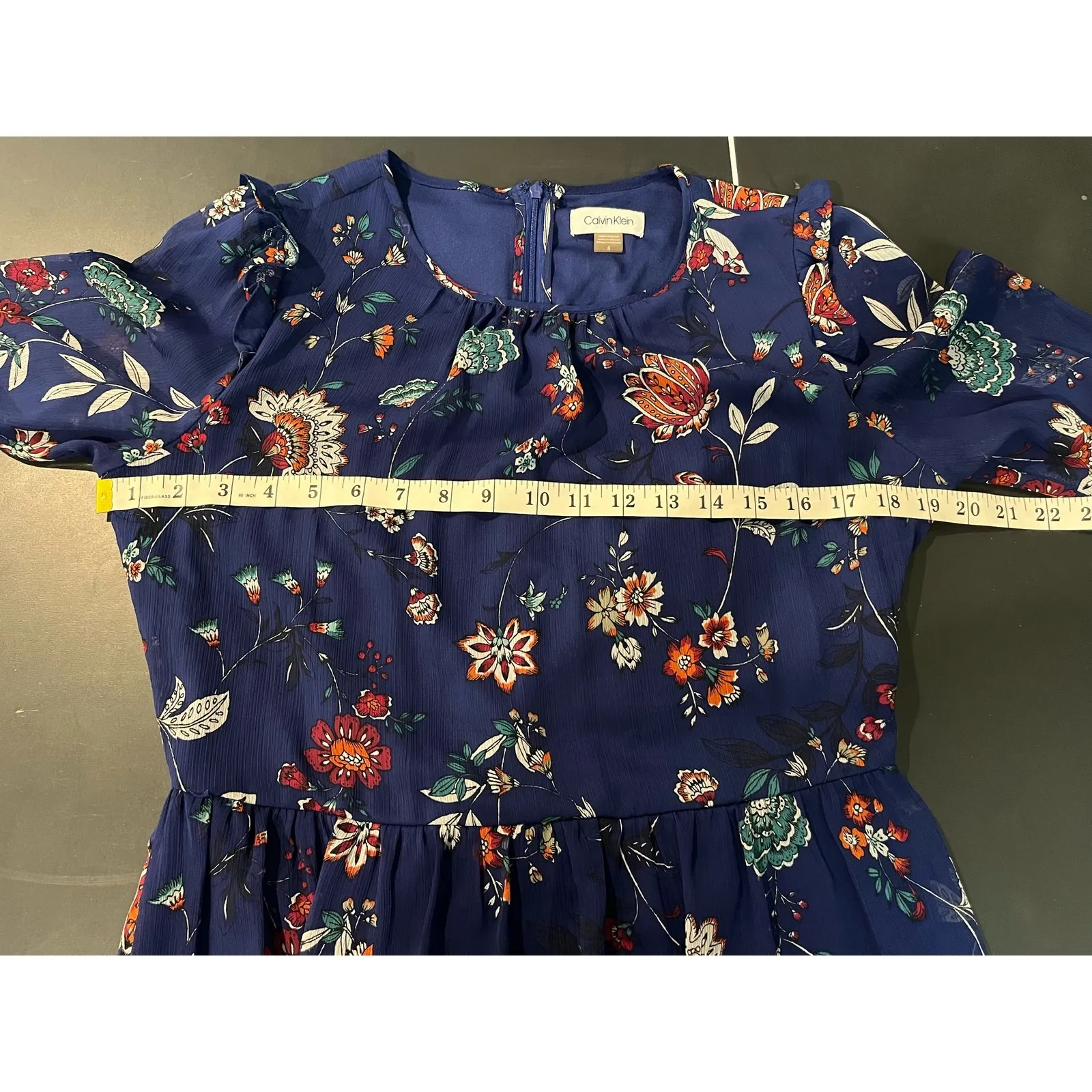 Calvin Klein Women's Floral A-Line Dress Bell Sleeves Size 8 Blue Fall Cocktail - Image 11