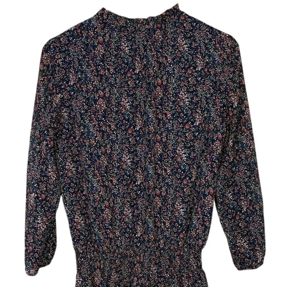 J. Crew Blouson Chiffon Colorful Floral V-Neck Long Sleeve Mini Dress S Black - Image 7