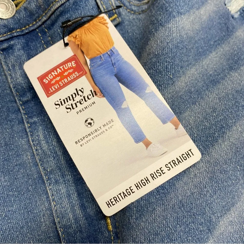 Signature Levi Strauss Denim Blue Jeans Heritage High Rise Straight Distressed Size 18 - Image 5