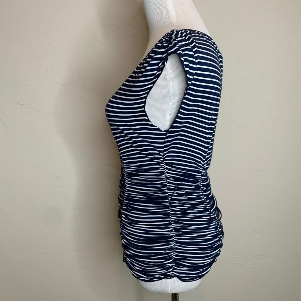 Max Studio Blue White Striped Fitted T Shirt Sz Small - Image 4