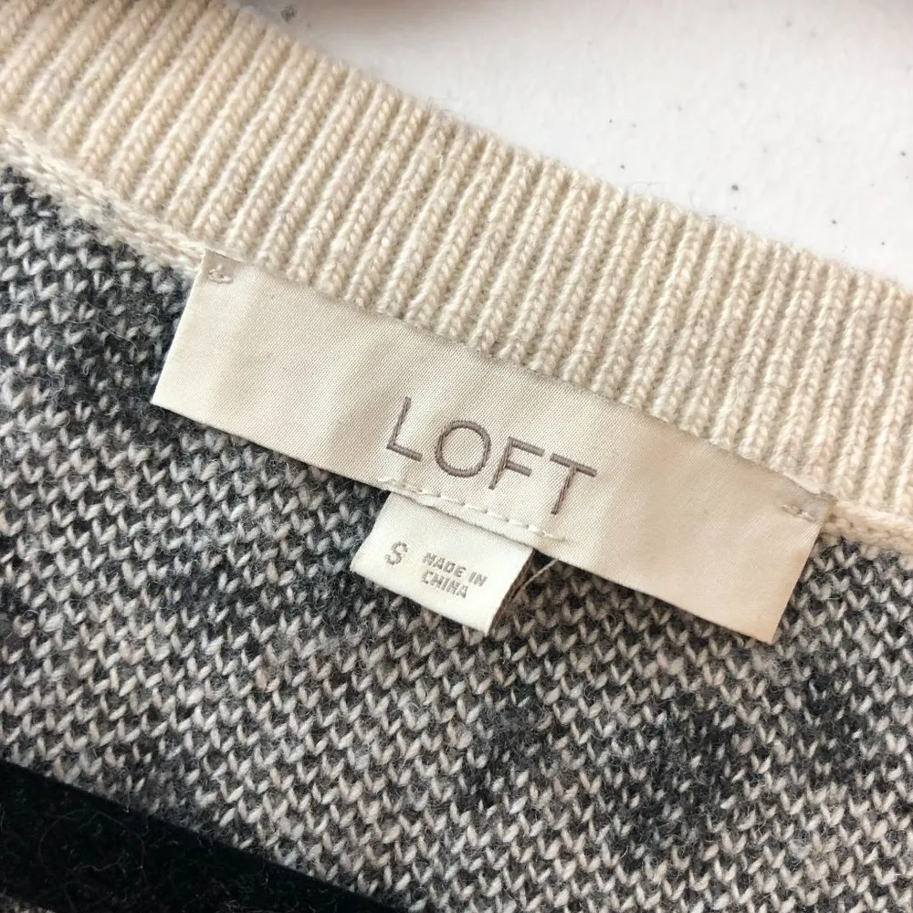 LOFT Sweater Oversized Hi Low Leopard Print V Neck Wool Blend Ivory Black S - Image 3