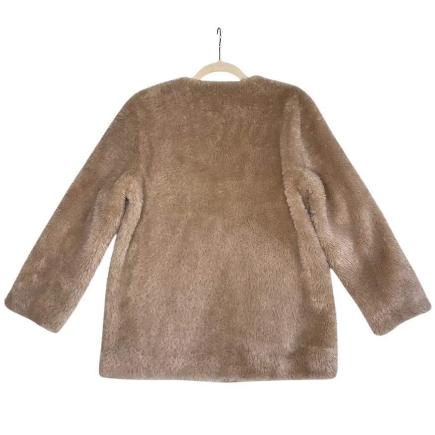 Australian Wool V Neck Fur Coat Women L Brown Soft Cozy Unique Boho Elegant NWT - Image 3