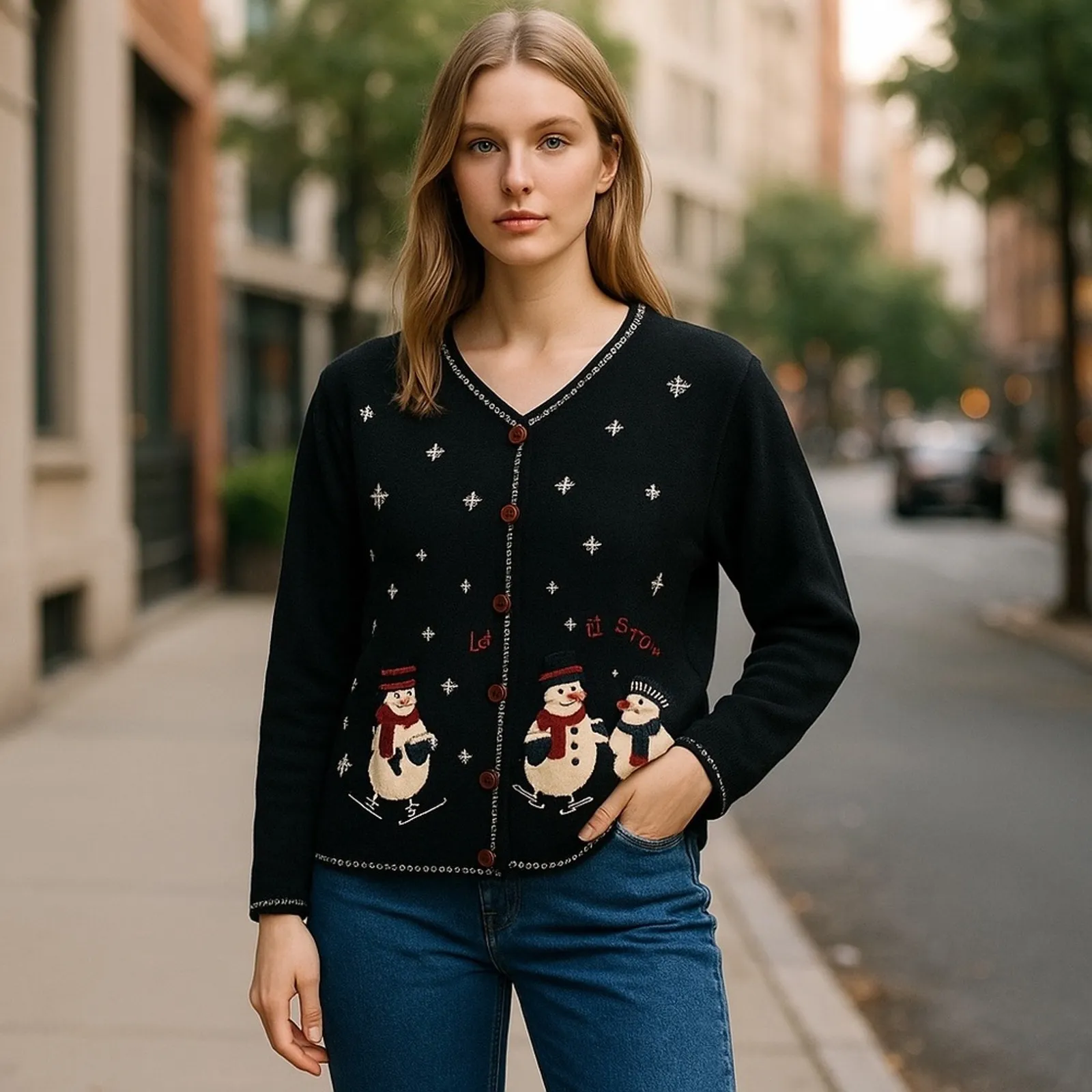 Vintage Paul Harris Let It Snow Cardigan L | 90s Snowman Ugly Christmas Sweater Red Size L - Image 16