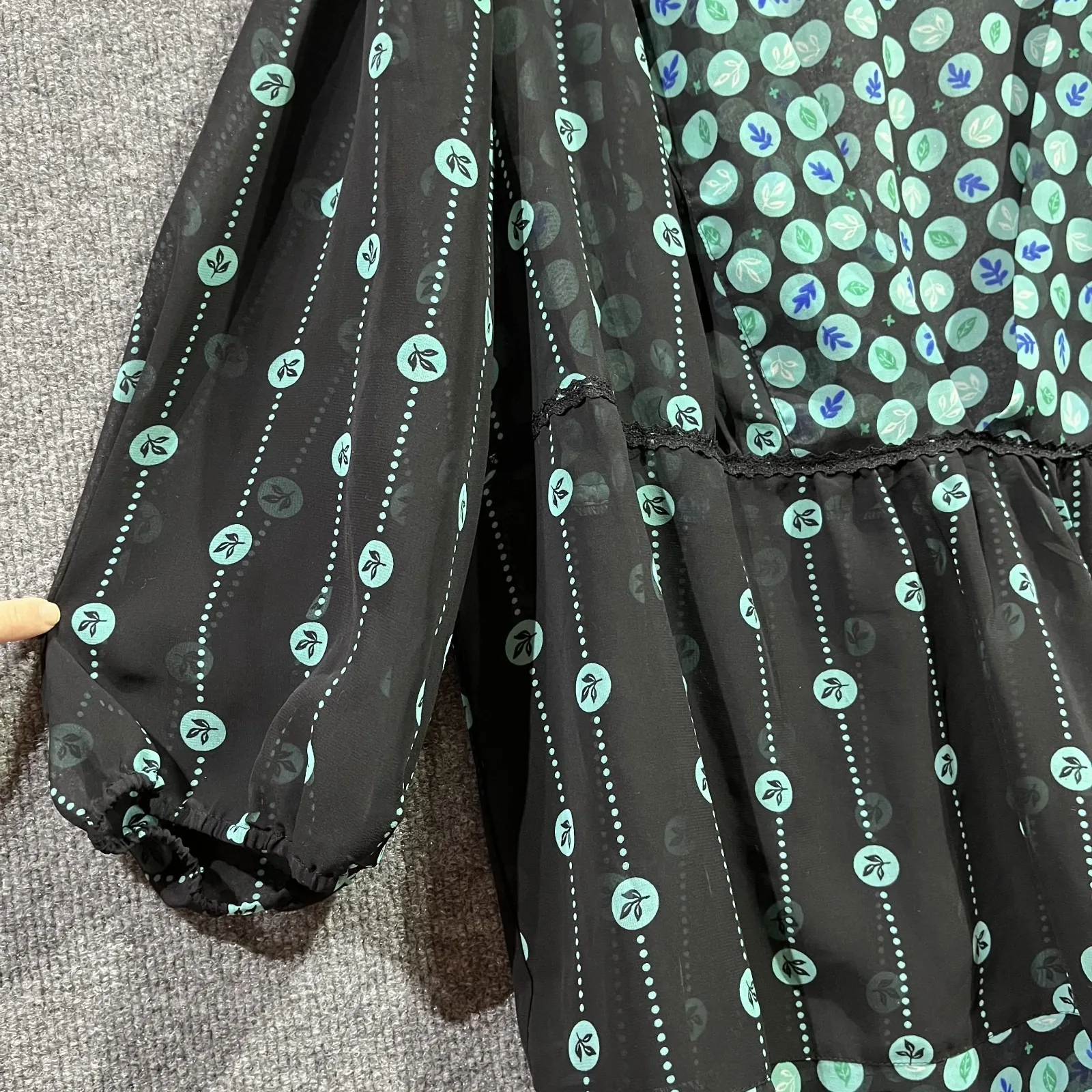 Style & Co Tunic Top Womens 18W Black Leaf Polka Dot Sheer Lace Trim Puff Sleeve - Image 6