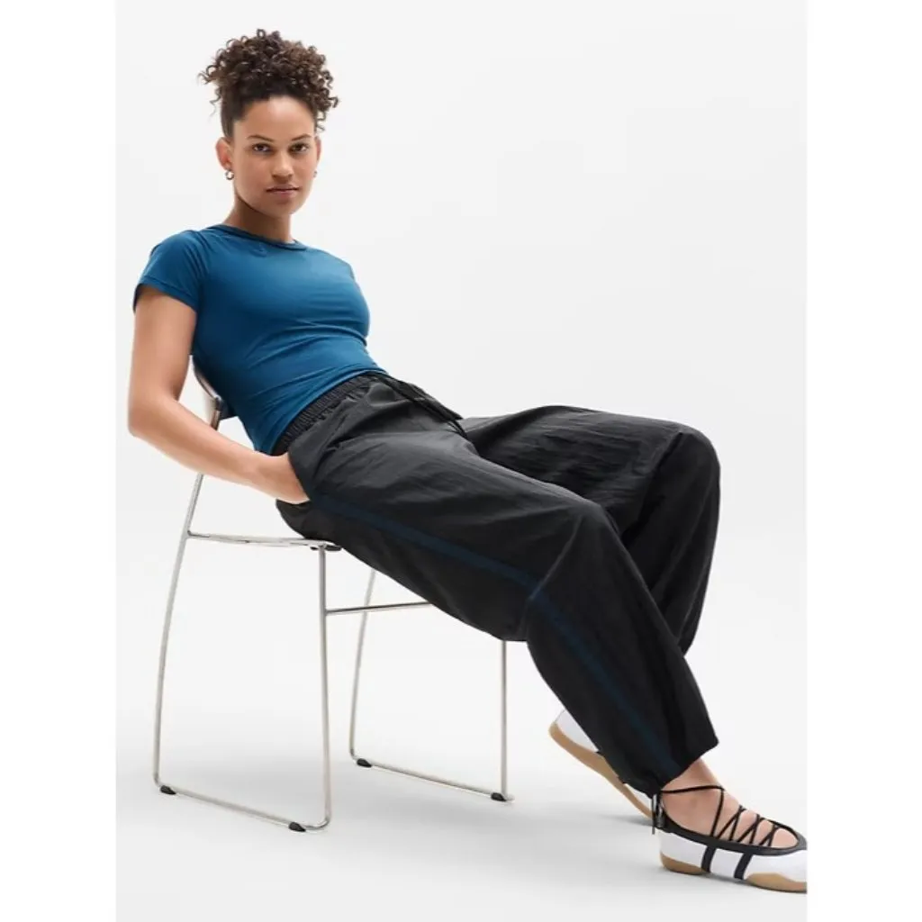 Athleta M Soft Power Sheer Mesh Tee Maritime Blue Black Stripe Medium Regular - Image 4